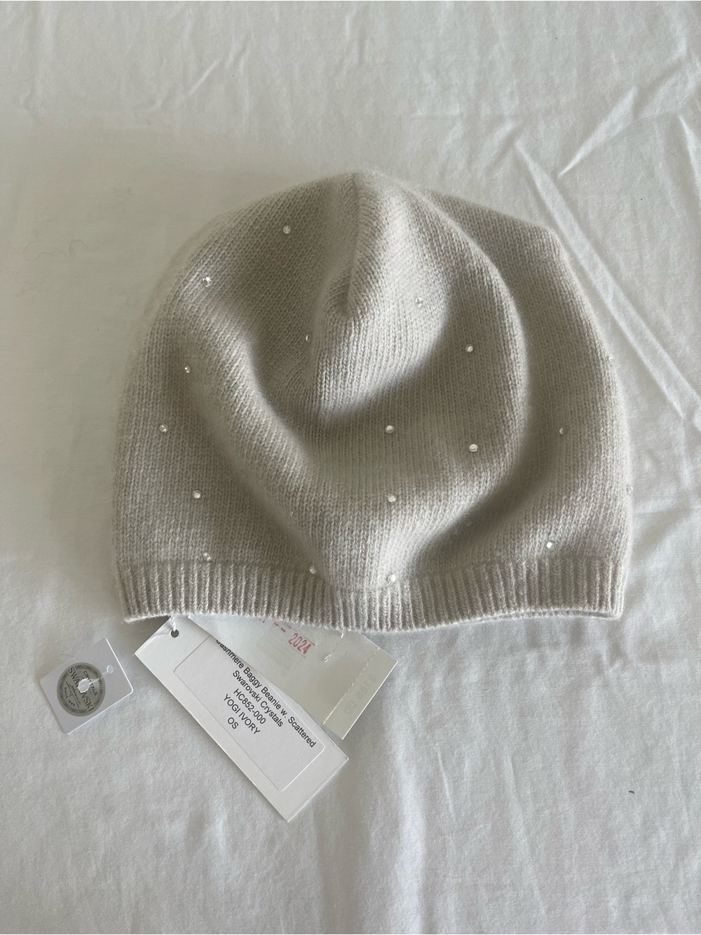 CAROLYN ROWAN cashmere 100% Swarosvki crystals beanie hat gray ivory MWT